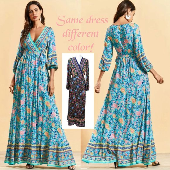 Dresses & Skirts - Boho Wrap Flower Print Long Sleeves Dress